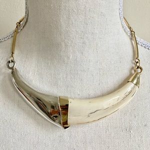 Statement Wide Collar Necklace Silverplate Brass & Polished Bovine Bone Piece